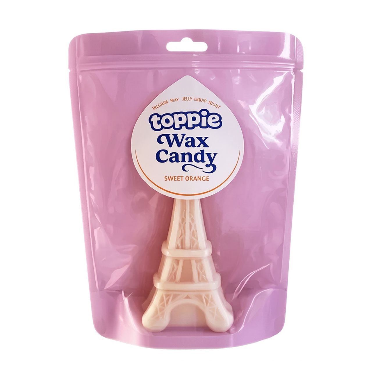 Pink packaging of toppie Wax Candy with Eiffel Tower design on a white background