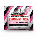 Fisherman's Friend Salmiak & Raspberry menthol flavor pastilles packaging on a white background