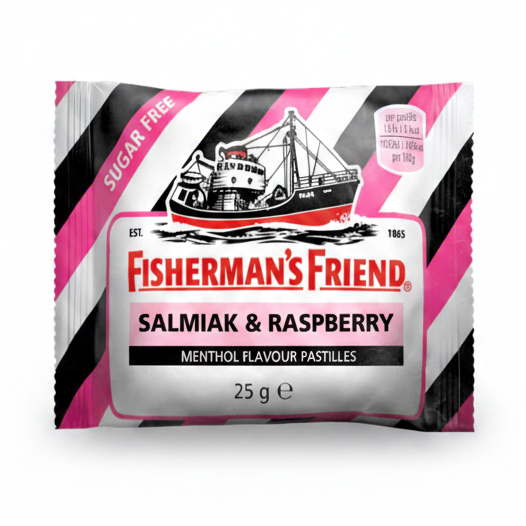 Fisherman's Friend Salmiak & Raspberry menthol flavor pastilles packaging on a white background