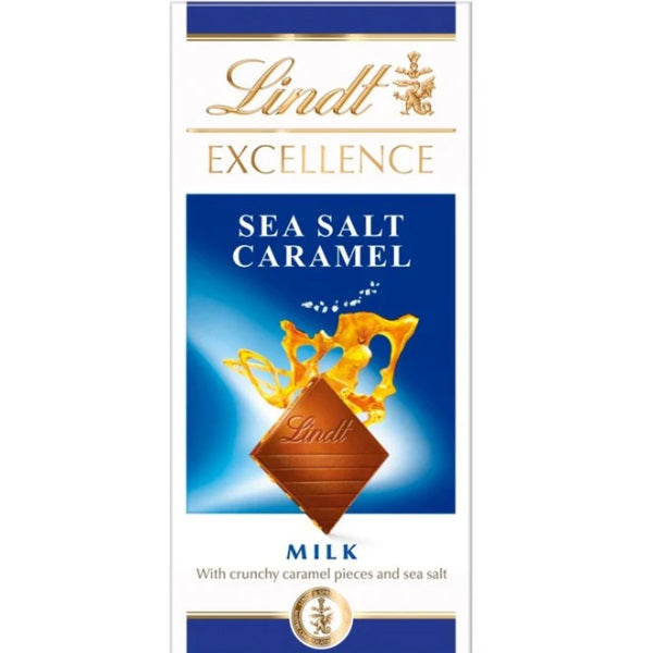 Lindt Excellence Sea Salt Caramel milk chocolate packaging on a white background